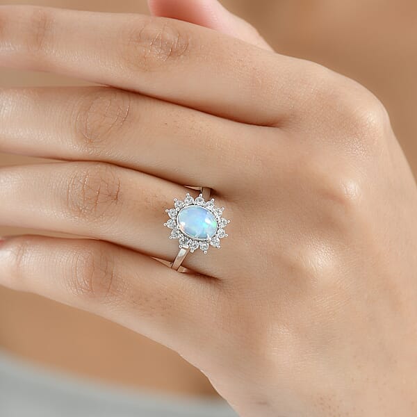 D'Joy Ethiopian Welo Opal White Zircon Ring In Platinum Over Sterling Silver 1.85 Ctw