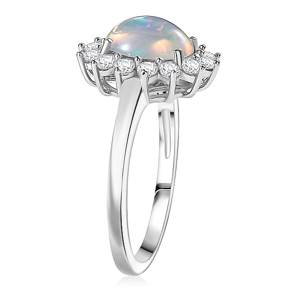 D'Joy Ethiopian Welo Opal White Zircon Ring In Platinum Over Sterling Silver 1.85 Ctw