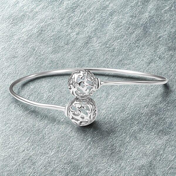 D'Joy Filigree Orb Open Bangle Bracelet In Rhodium Over Sterling Silver (7.25 In) 6.90 Grams