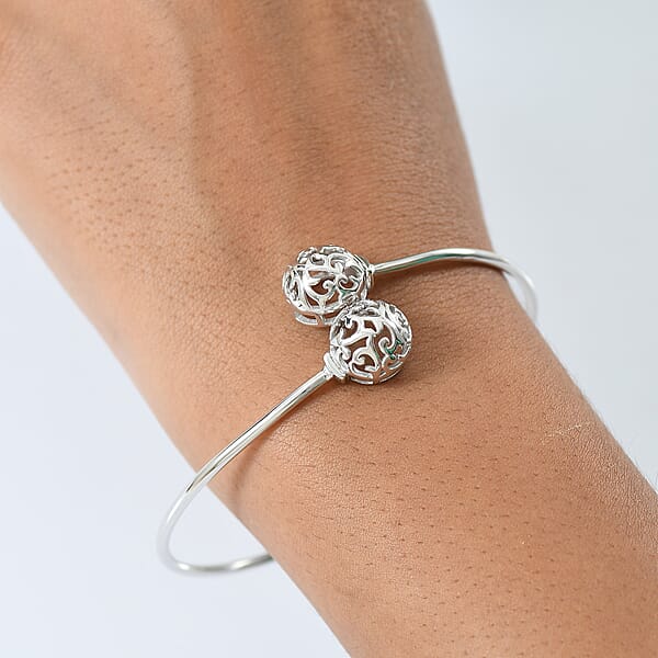 D'Joy Filigree Orb Open Bangle Bracelet In Rhodium Over Sterling Silver (7.25 In) 6.90 Grams