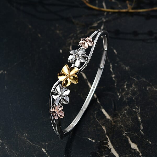 D'Joy Floral Bangle Bracelet In 18K Vermeil YRG And Rhodium Over Sterling Silver (7.25 In) 22.30 Grams
