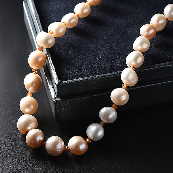 D'Joy Fresh Water Pearl And Ratnapura Hessonite Garnet 8.00 Ctw Necklace In 18K Vermeil Yellow Gold Over Sterling Silver 18 Inches