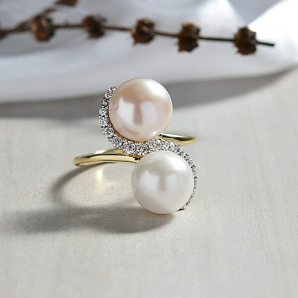 D'Joy Freshwater Peach/White Pearl White Zircon Bypass Ring In 18K Vermeil YG Over Sterling Silver 0.50 Ctw