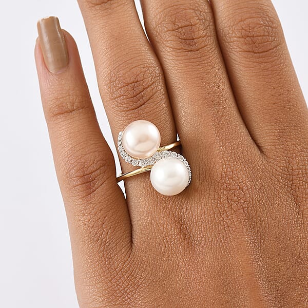 D'Joy Freshwater Peach/White Pearl White Zircon Bypass Ring In 18K Vermeil YG Over Sterling Silver 0.50 Ctw