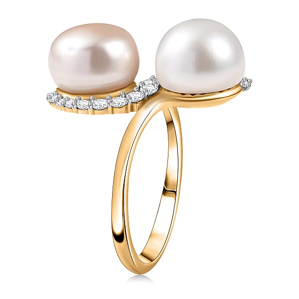 D'Joy Freshwater Peach/White Pearl White Zircon Bypass Ring In 18K Vermeil YG Over Sterling Silver 0.50 Ctw