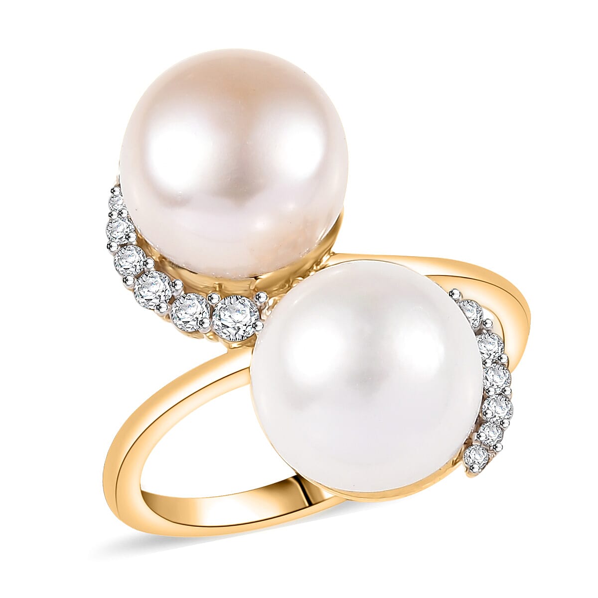 D'Joy Freshwater Peach/White Pearl White Zircon Bypass Ring in 18K Vermeil YG Over Sterling Silver 0.50 ctw