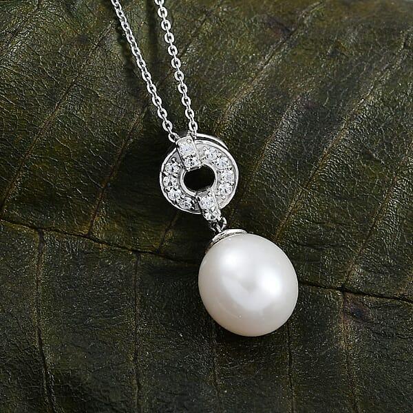 D'Joy Freshwater Pearl And White Zircon 0.25 Ctw Pendant Necklace In Rhodium Over Sterling Silver 20 Inches