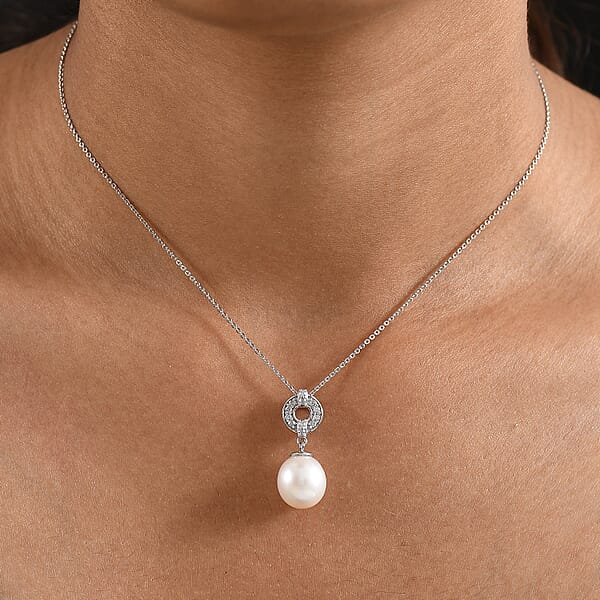 D'Joy Freshwater Pearl And White Zircon 0.25 Ctw Pendant Necklace In Rhodium Over Sterling Silver 20 Inches