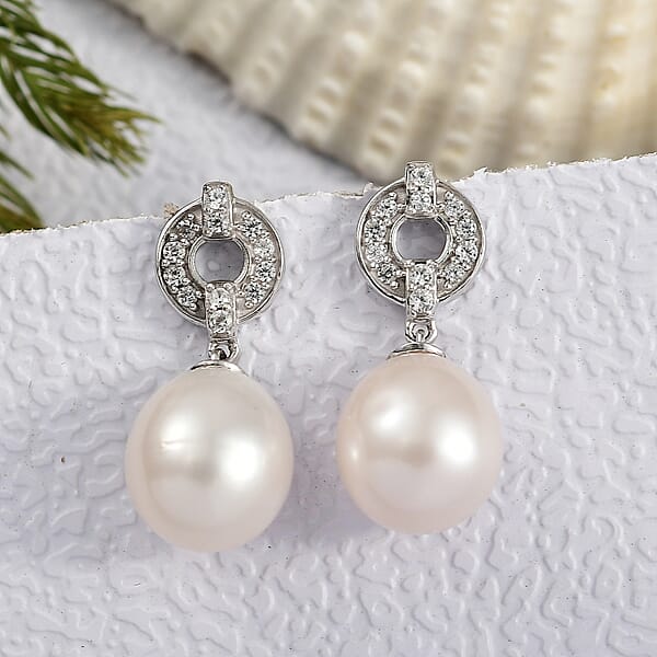 D'Joy Freshwater Pearl And White Zircon 0.50 Ctw Earrings In Rhodium Over Sterling Silver