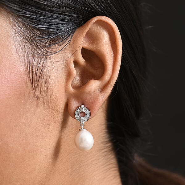 D'Joy Freshwater Pearl And White Zircon 0.50 Ctw Earrings In Rhodium Over Sterling Silver