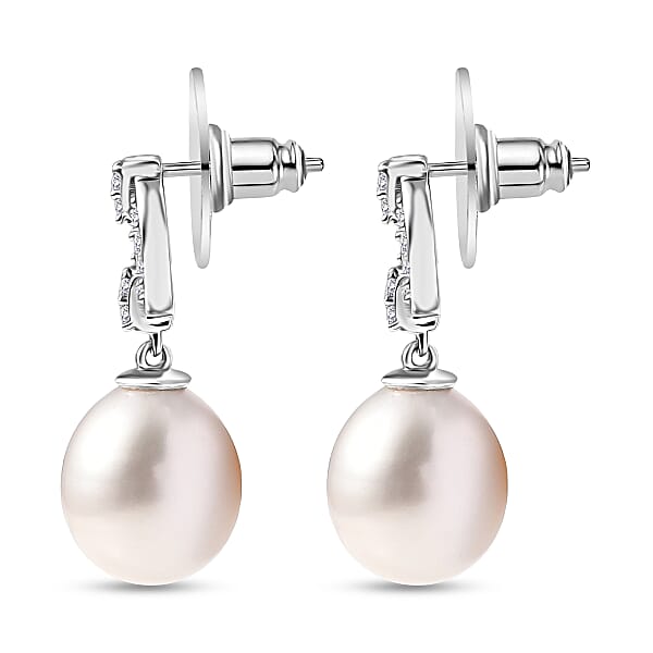 D'Joy Freshwater Pearl And White Zircon 0.50 Ctw Earrings In Rhodium Over Sterling Silver