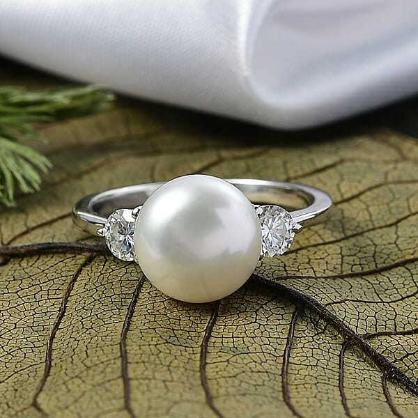 D'Joy Freshwater Pearl Moissanite Ring In Rhodium Over Sterling Silver 0.50 Ctw