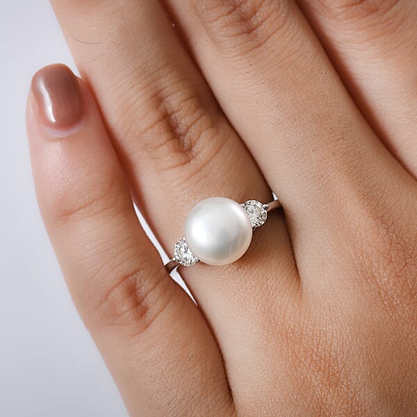 D'Joy Freshwater Pearl Moissanite Ring In Rhodium Over Sterling Silver 0.50 Ctw