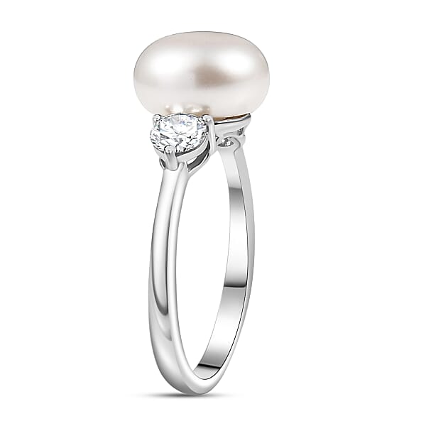 D'Joy Freshwater Pearl Moissanite Ring In Rhodium Over Sterling Silver 0.50 Ctw