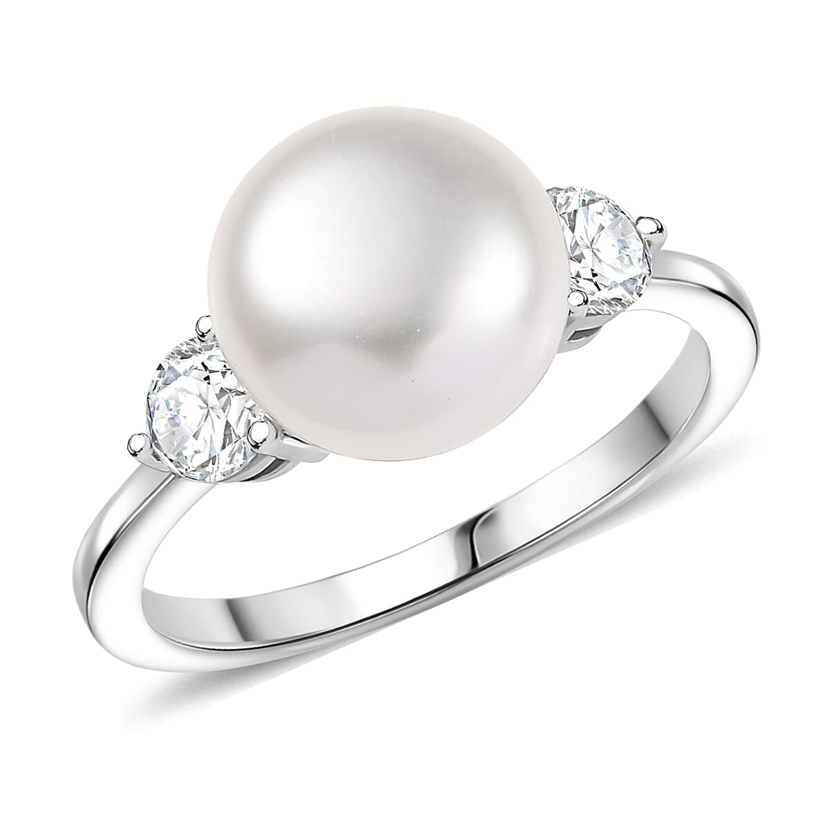 D'Joy Freshwater Pearl Moissanite Ring in Rhodium Over Sterling Silver 0.50 ctw
