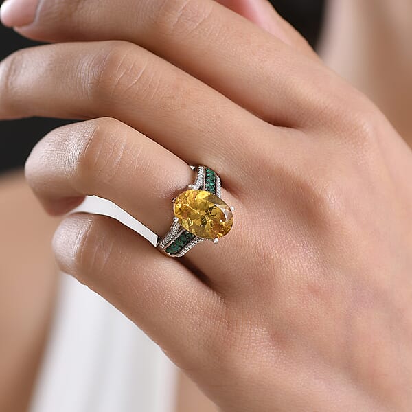D'Joy Golden Apatite And Multi Gemstone 6.60 Ctw Lightstream Ring In Rhodium Over Sterling Silver