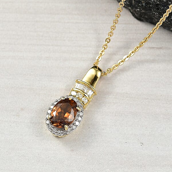 D'Joy Golden Turkizite And Diamond 1.10 Ctw Pendant Necklace In 18K Vermeil Yellow Gold Over Sterling Silver 20 Inches