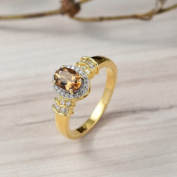 D'Joy Golden Turkizite And Diamond 1.10 Ctw Ring In 18K Vermeil Yellow Gold Over Sterling Silver