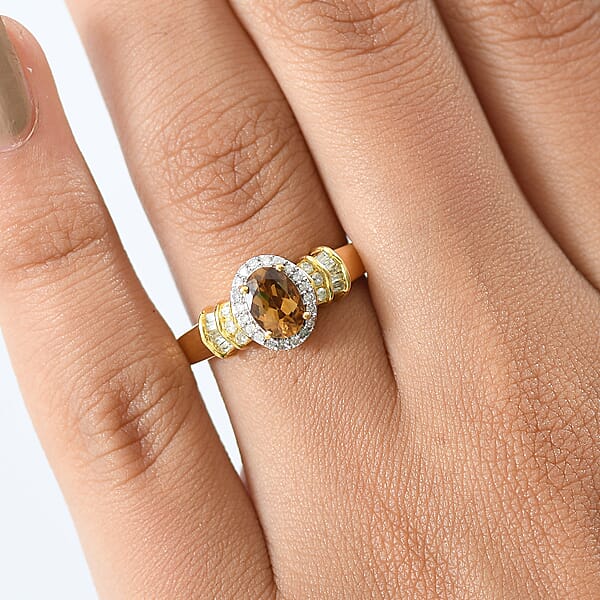 D'Joy Golden Turkizite And Diamond 1.10 Ctw Ring In 18K Vermeil Yellow Gold Over Sterling Silver
