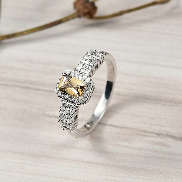 D'Joy Golden Turkizite And Moissanite 1.00 Ctw Ring In Rhodium Over Sterling Silver