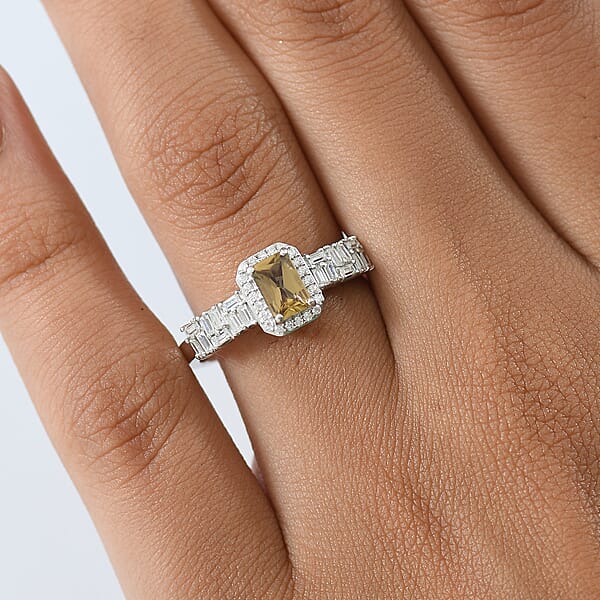 D'Joy Golden Turkizite And Moissanite 1.00 Ctw Ring In Rhodium Over Sterling Silver