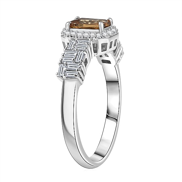 D'Joy Golden Turkizite And Moissanite 1.00 Ctw Ring In Rhodium Over Sterling Silver