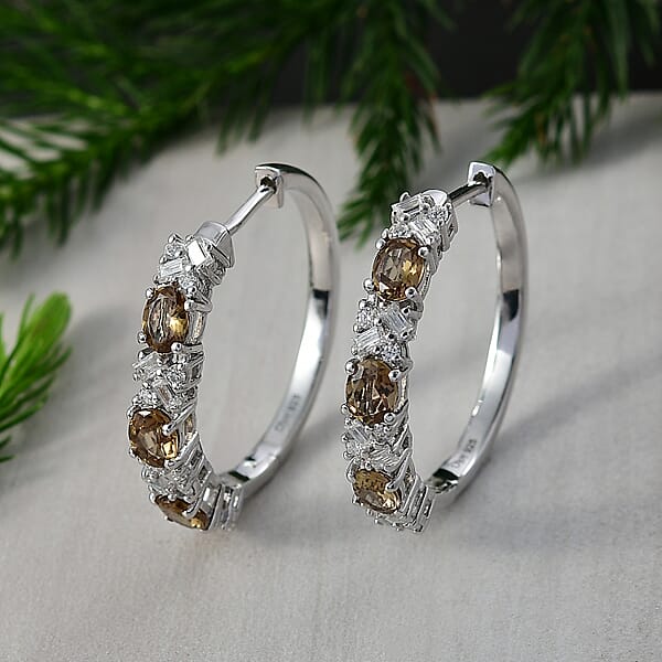 D'Joy Golden Turkizite And Moissanite 3.30 Ctw Earrings In Rhodium Over Sterling Silver