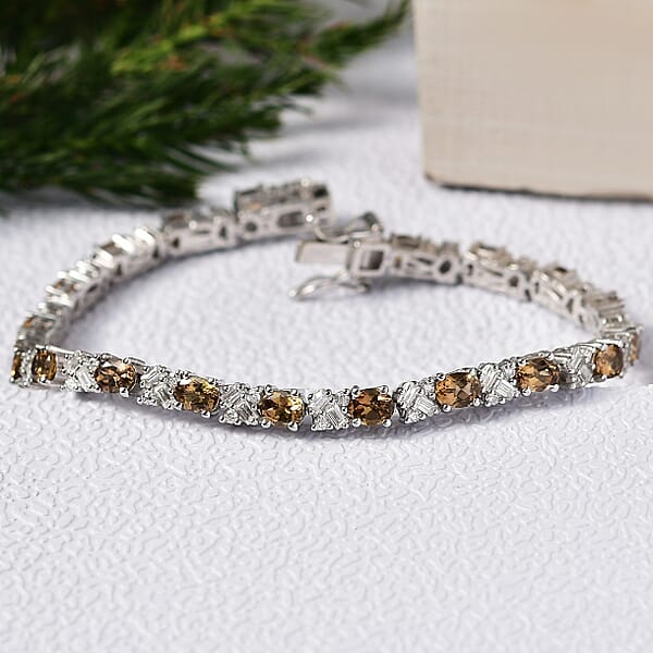 D'Joy Golden Turkizite And Moissanite 9.30 Ctw Bracelet In Rhodium Over Sterling Silver (7.25 In)