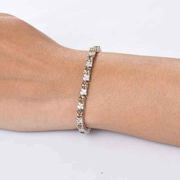 D'Joy Golden Turkizite And Moissanite 9.30 Ctw Bracelet In Rhodium Over Sterling Silver (7.25 In)