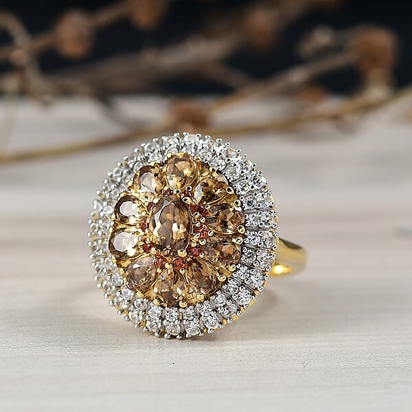 D'Joy Golden Turkizite White And Chocolate Zircon 3.40 Ctw Floral Ring In 18K Vermeil Yellow Gold Over Sterling Silver