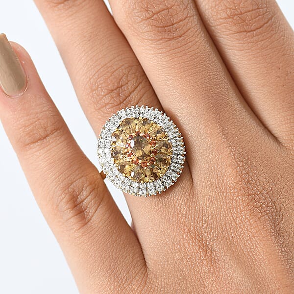 D'Joy Golden Turkizite White And Chocolate Zircon 3.40 Ctw Floral Ring In 18K Vermeil Yellow Gold Over Sterling Silver