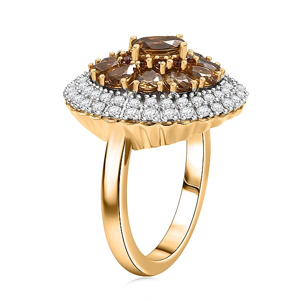 D'Joy Golden Turkizite White And Chocolate Zircon 3.40 Ctw Floral Ring In 18K Vermeil Yellow Gold Over Sterling Silver