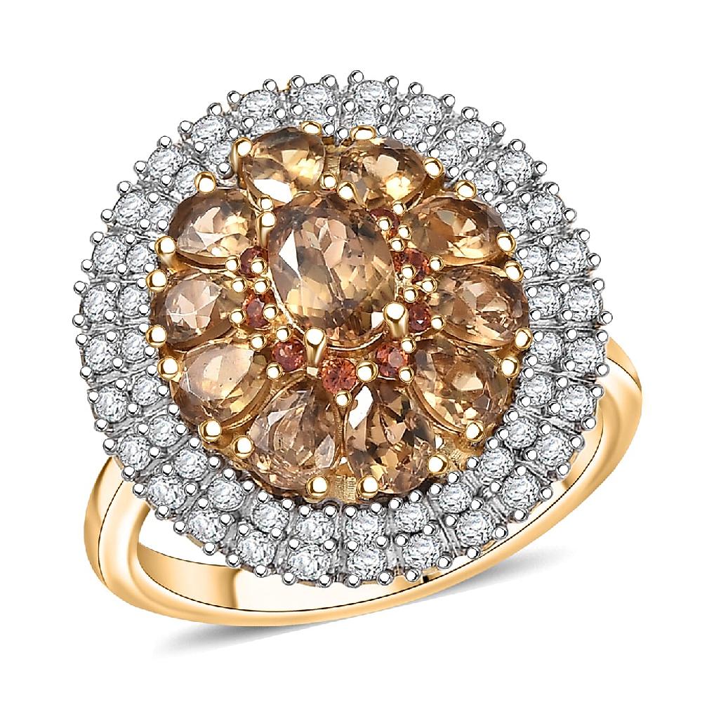 D'Joy Golden Turkizite White and Chocolate Zircon 3.40 ctw Floral Ring in 18K Vermeil Yellow Gold Over Sterling Silver