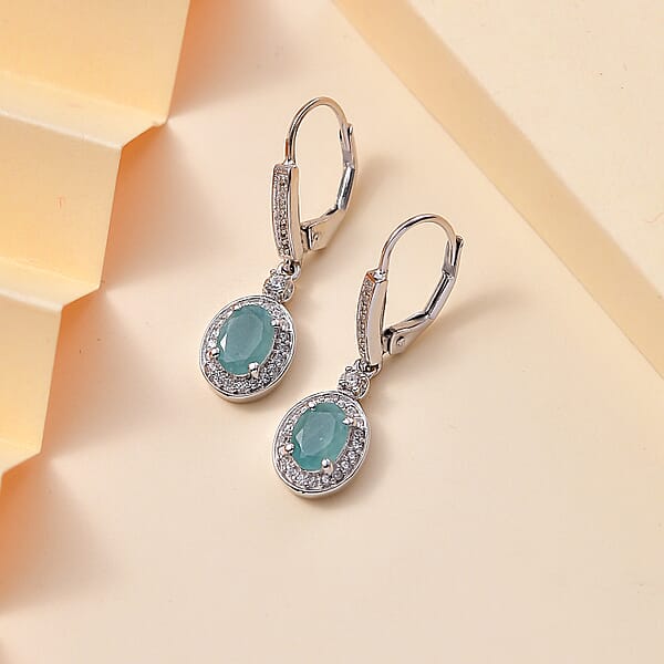 D'Joy Grandidierite And White Zircon 2.00 Ctw Aqua Halo Earrings In Rhodium Over Sterling Silver