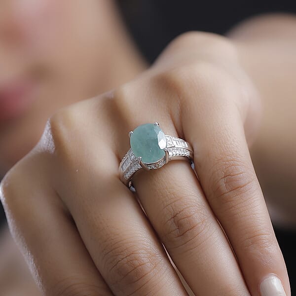 D'Joy Grandidierite Moissanite Art Deco Ring In Rhodium Over Sterling Silver 5.65 Ctw