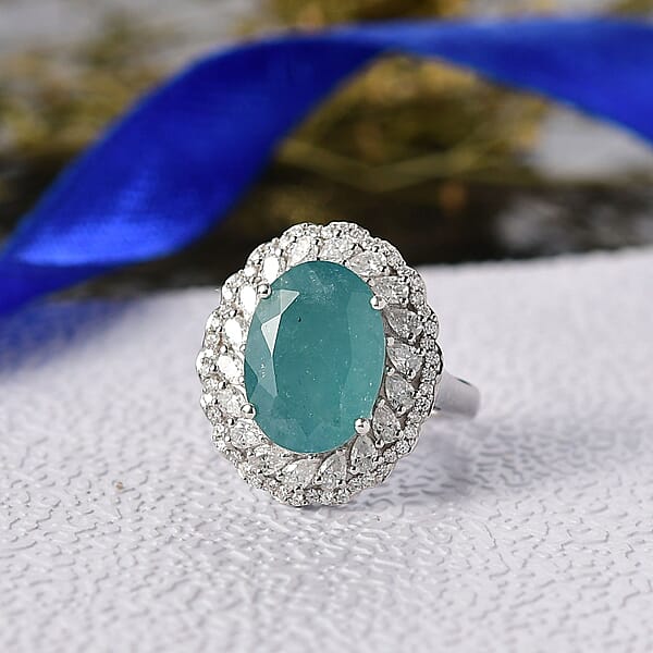 D'Joy Grandidierite Moissanite Halo Ring In Rhodium Over Sterling Silver 7.90 Ctw