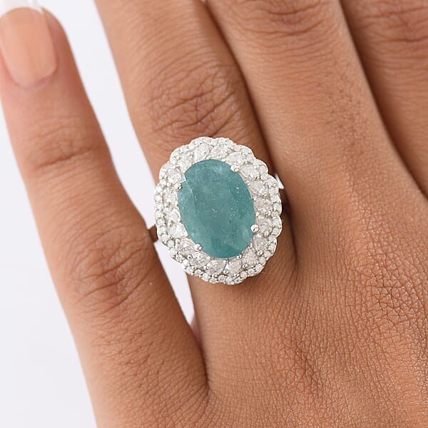 D'Joy Grandidierite Moissanite Halo Ring In Rhodium Over Sterling Silver 7.90 Ctw