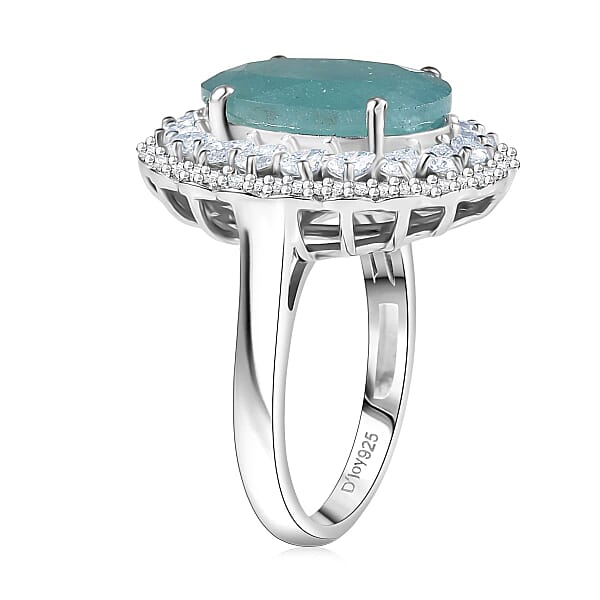 D'Joy Grandidierite Moissanite Halo Ring In Rhodium Over Sterling Silver 7.90 Ctw