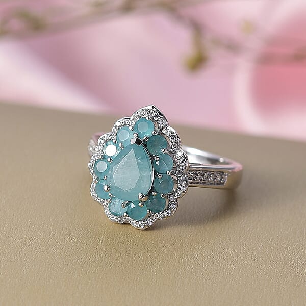 D'Joy Grandidierite White Zircon Floral Ring In Rhodium Over Sterling Silver 2.40 Ctw