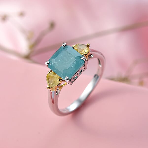 D'Joy Grandidierite Yellow Sapphire Heart Art Deco Ring In 18K Vermeil YG And Rhodium Over Sterling Silver 3.20 Ctw