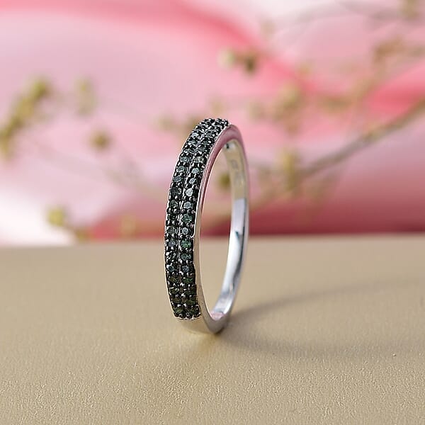 D'Joy Green Diamond 0.25 Ctw Double Row Band Ring In Rhodium Over Sterling Silver