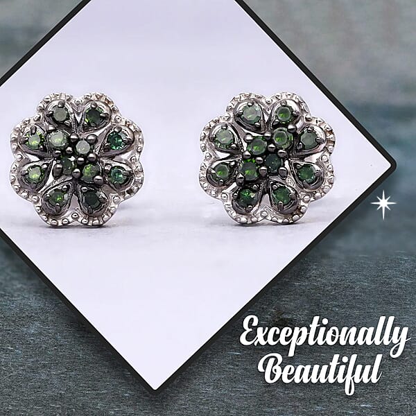 D'Joy Green Diamond Floral Earrings In Rhodium Over Sterling Silver 0.25 Ctw
