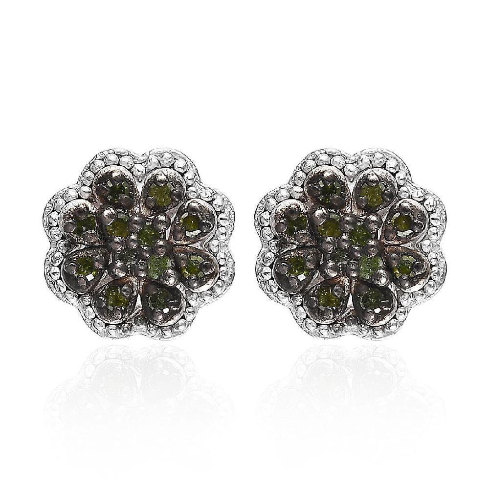 D'Joy Green Diamond Floral Earrings in Rhodium Over Sterling Silver 0.25 ctw
