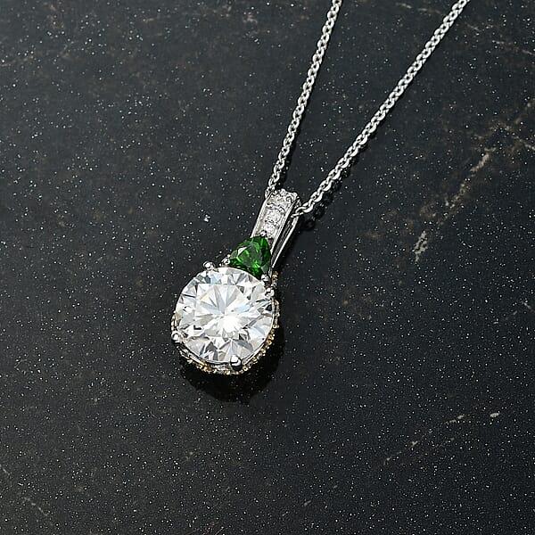 D'Joy Heart And Arrow Cut Moissanite And Chrome Diopside 3.65 Ctw Pendant Necklace In 18K Vermeil YG And Rhodium Over Sterling Silver 20 Inches