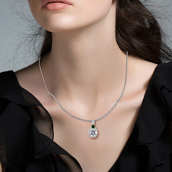 D'Joy Heart And Arrow Cut Moissanite And Chrome Diopside 3.65 Ctw Pendant Necklace In 18K Vermeil YG And Rhodium Over Sterling Silver 20 Inches