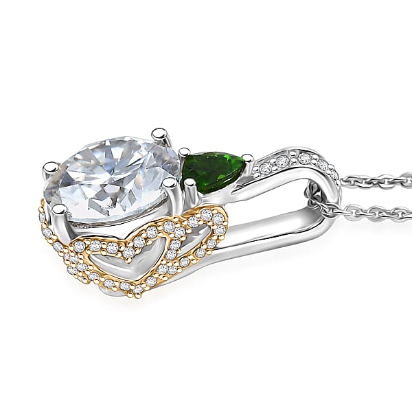 D'Joy Heart And Arrow Cut Moissanite And Chrome Diopside 3.65 Ctw Pendant Necklace In 18K Vermeil YG And Rhodium Over Sterling Silver 20 Inches