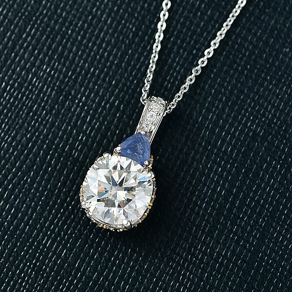 D'Joy Heart And Arrow Cut Moissanite And Masoala Sapphire (D) 4.70 Ctw Pendant Necklace In 18K Vermeil YG And Rhodium Over Sterling Silver 20 Inches