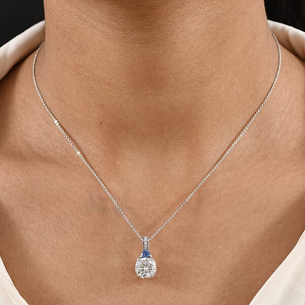 D'Joy Heart And Arrow Cut Moissanite And Masoala Sapphire (D) 4.70 Ctw Pendant Necklace In 18K Vermeil YG And Rhodium Over Sterling Silver 20 Inches