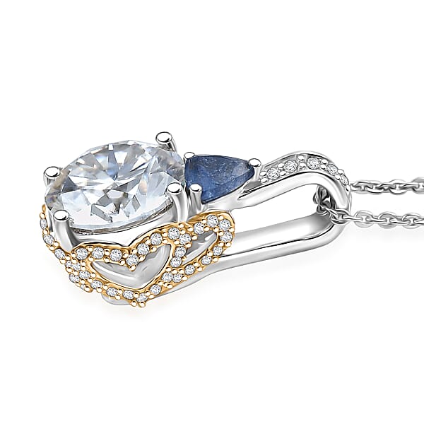 D'Joy Heart And Arrow Cut Moissanite And Masoala Sapphire (D) 4.70 Ctw Pendant Necklace In 18K Vermeil YG And Rhodium Over Sterling Silver 20 Inches