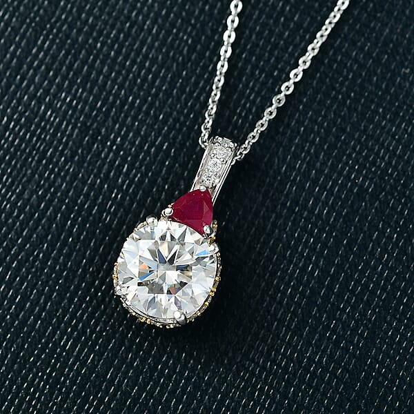 D'Joy Heart And Arrow Cut Moissanite And Niassa Ruby (FF) 3.70 Ctw Pendant Necklace In 18K Vermeil YG And Rhodium Over Sterling Silver 20 Inches